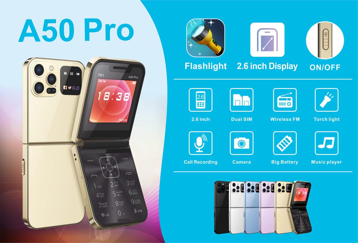 A50 Pro Flip Phone, 2.4" Screen Foldable Mobile Phones Dual SIM Card GSM Electric Torch Automatic Call Recording, Wireless FM -Type C 1350mAh battery feature smart touch button kabambe katululu phone