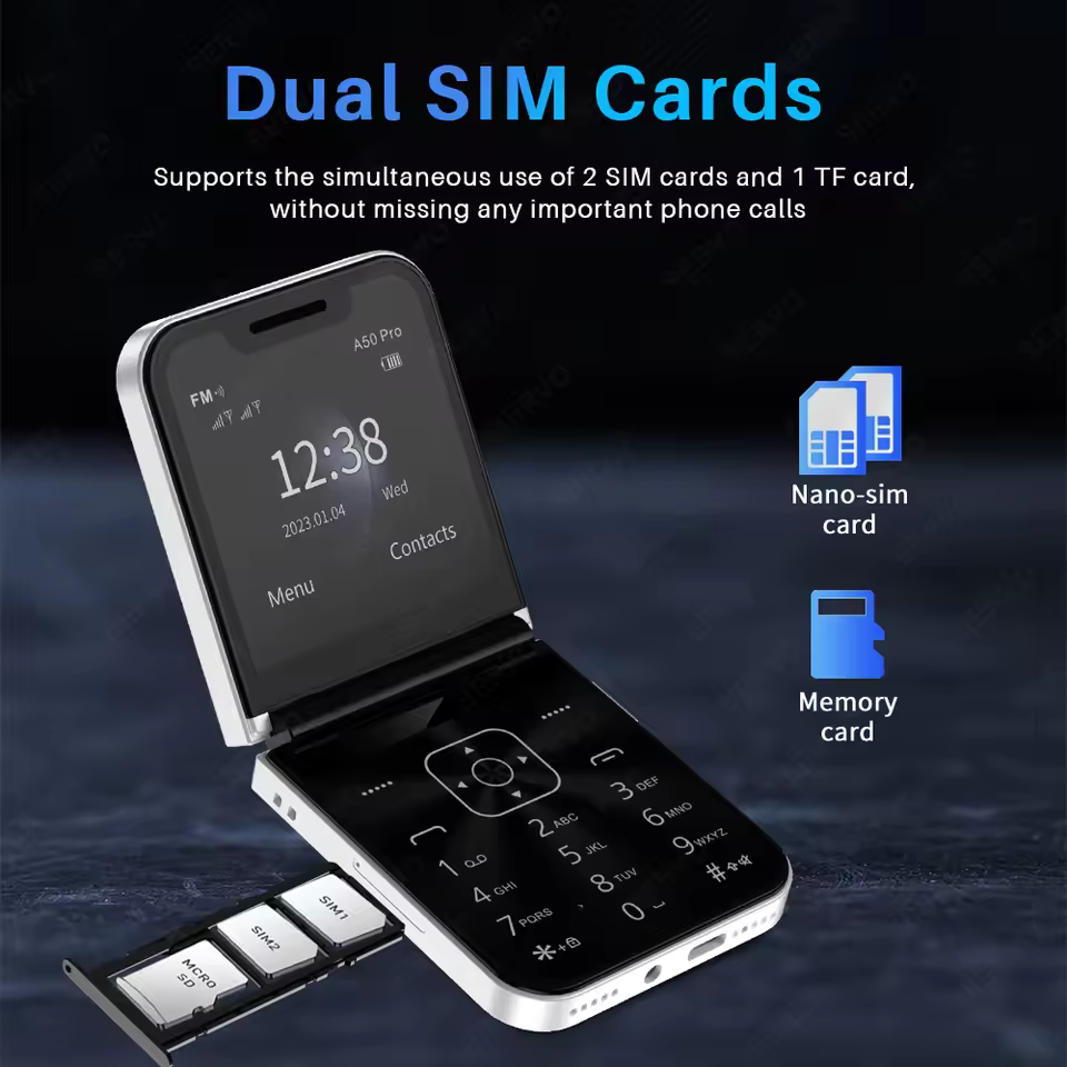 A50 Pro Flip Phone, 2.4" Screen Foldable Mobile Phones Dual SIM Card GSM Electric Torch Automatic Call Recording, Wireless FM -Type C 1350mAh battery feature smart touch button kabambe katululu phone
