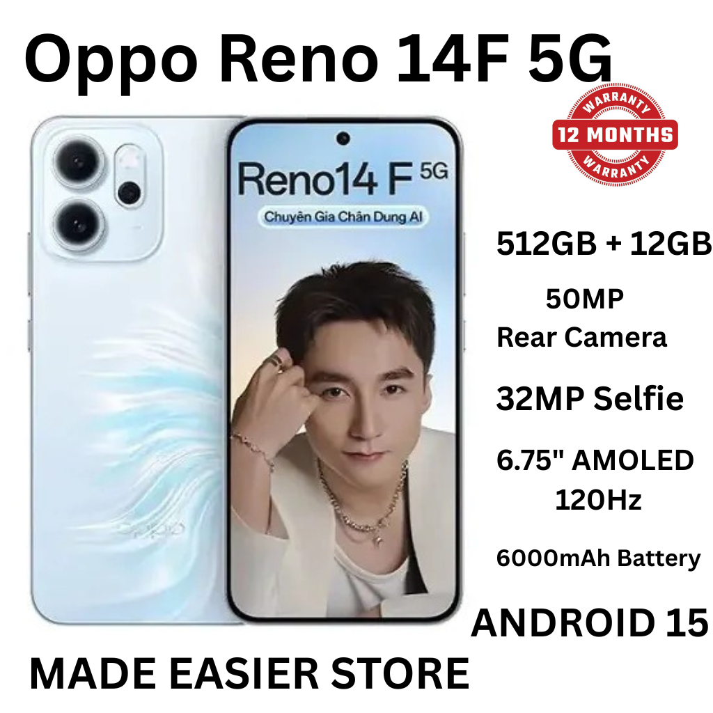 [New Arrival] Oppo Reno 14F 5G 512GB+12GB 6.57" 120Hz AMOLED 1400nits Display 50MP Rear Camera 6000mAh Battery 45W Fast Charging Superb Snapdragon 6 Gen 1 SoC IP68/69 Oppo Reno 14 F AI Smartphone