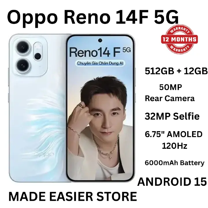 [New Arrival] Oppo Reno 14F 5G 512GB+12GB 6.57" 120Hz AMOLED 1400nits Display 50MP Rear Camera 6000mAh Battery 45W Fast Charging Superb Snapdragon 6 Gen 1 SoC IP68/69 Oppo Reno 14 F AI Smartphone