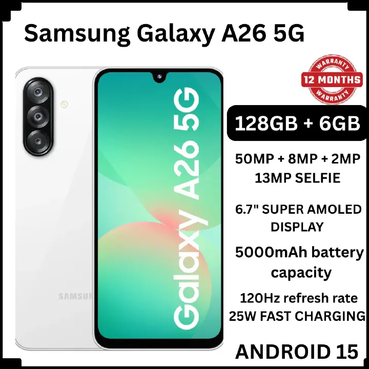 [New Arrival] Samsung Galaxy A26 5G 128GB+6GB 6.7" 120Hz Super AMOLED Display 50MP+13MP Cameras Exynos 1380 Chipset 5000mAh Battery 25W Fast Charge IP67 Dust/Water Resistant Smart Phone