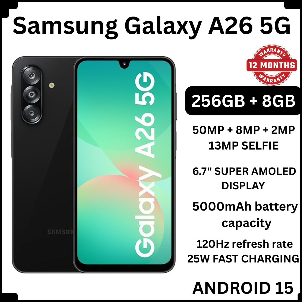 [New Arrival] Samsung Galaxy A26 5G 256GB+8GB 6.7" 120Hz Super AMOLED Display 50MP+13MP Cameras Exynos 1380 Chipset 5000mAh Battery 25W Fast Charge IP67 Dust/Water Resistant Smart Phone