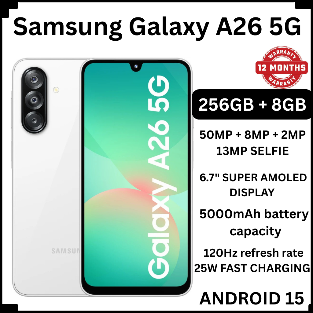 [New Arrival] Samsung Galaxy A26 5G 256GB+8GB 6.7" 120Hz Super AMOLED Display 50MP+13MP Cameras Exynos 1380 Chipset 5000mAh Battery 25W Fast Charge IP67 Dust/Water Resistant Smart Phone
