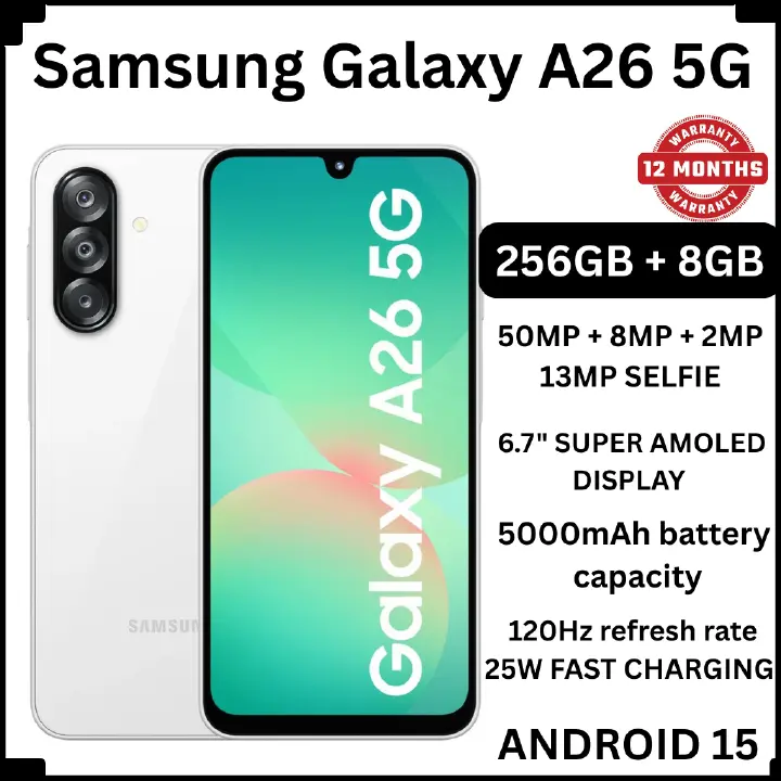 [New Arrival] Samsung Galaxy A26 5G 256GB+8GB 6.7" 120Hz Super AMOLED Display 50MP+13MP Cameras Exynos 1380 Chipset 5000mAh Battery 25W Fast Charge IP67 Dust/Water Resistant Smart Phone