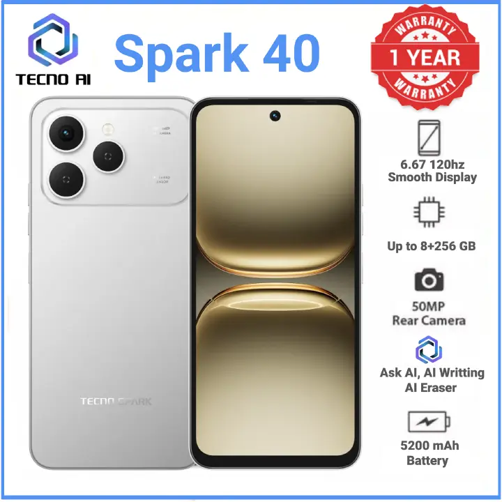 Tecno Spark 40 AI Phone 128GB + 8GB(4+4) 6.67'' Hole Screen 50MP Main Camera 8MP Front Camera 45W Super Charging 5200mAh BatterySide Fingerprint Infrared Remote Control Free Cover IP64 Waterproof