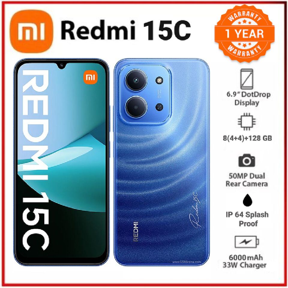 REDMI 15C 128GB Storage Upto 8(4+4)GB Ram 6.9'' FHD Immersive Display 50MP Main Cam +8MP front 6000mAh 33W Fast Charger Xiaomi Hyper OS Side Fingerprint Smartphone smart phones
