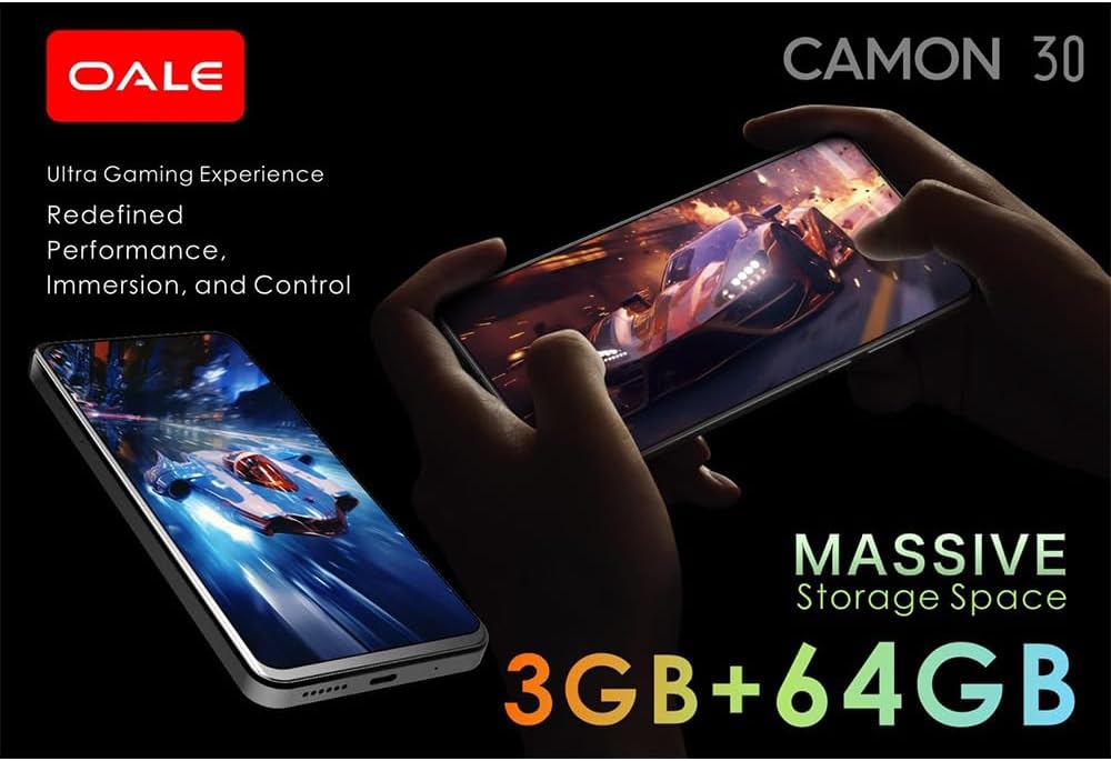 Oale Camon 30 64GB+3GB 6.6" 120Hz Display 8MP+5MP+AI Camera 5075mAh Battery 10W Charge IP54 Dust And Water Resistant Fingerprint Unlock MTK Helio G81 Android Smartphone