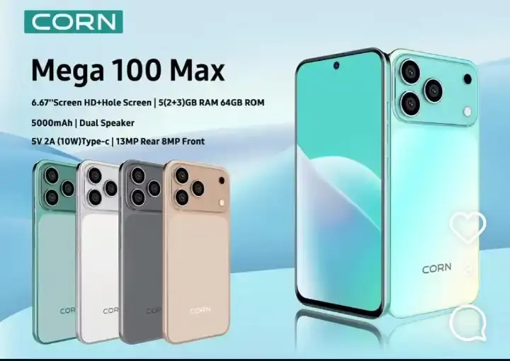 CORN MEGA 100 MAX 6.67"HD 64GB ROM, 5(2+3)GB RAM 5000mAh STRONG BATTERY DUAL SIM CARD SMART PHONE SIDE-MOUNTED FINGERPRINT FACE UNLOCK,13MP ULTRA CAMERA 8MP SELFIE SMARTPHONE