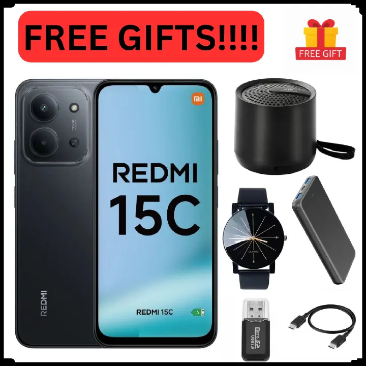 REDMI 15C 128GB ROM 8(4+4) GB Ram 6.9'' LCD 50MP Main Camera 8MP selfie camera 6000mAh 33W Fast Charger Android 15 Xiaomi Hyper OS 2 Mediatek  Side Fingerprint smart phones + FREE GIFTS FOR YOU