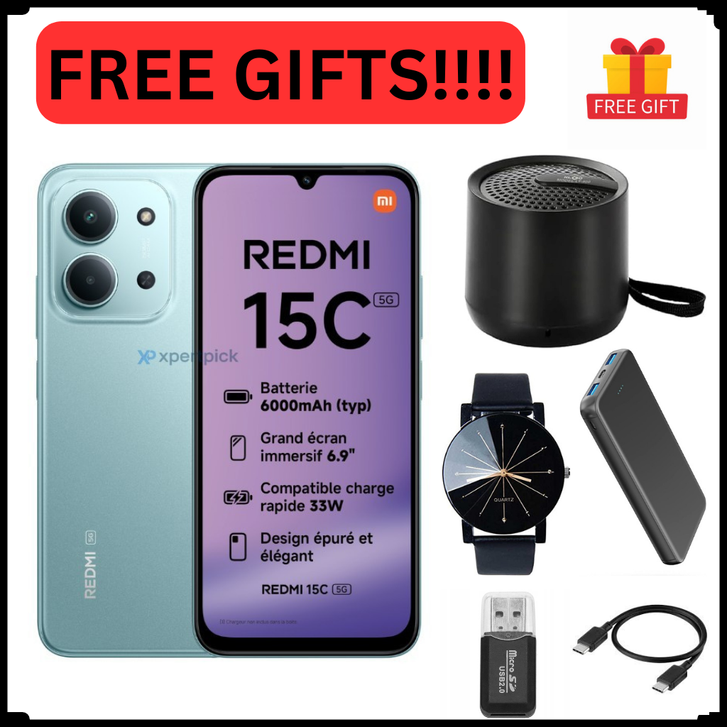 REDMI 15C 128GB ROM 8(4+4) GB Ram 6.9'' LCD 50MP Main Camera 8MP selfie camera 6000mAh 33W Fast Charger Android 15 Xiaomi Hyper OS 2 Mediatek  Side Fingerprint smart phones + FREE GIFTS FOR YOU