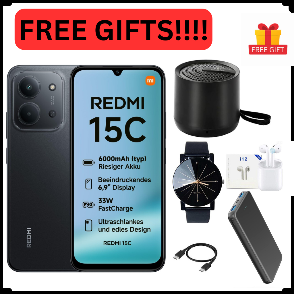REDMI 15C 128GB ROM 8(4+4) GB Ram 6.9'' LCD 50MP Main Camera 8MP selfie camera 6000mAh 33W Fast Charger Android 15 Xiaomi Hyper OS 2 Mediatek  Side Fingerprint smart phones + FREE GIFTS FOR YOU