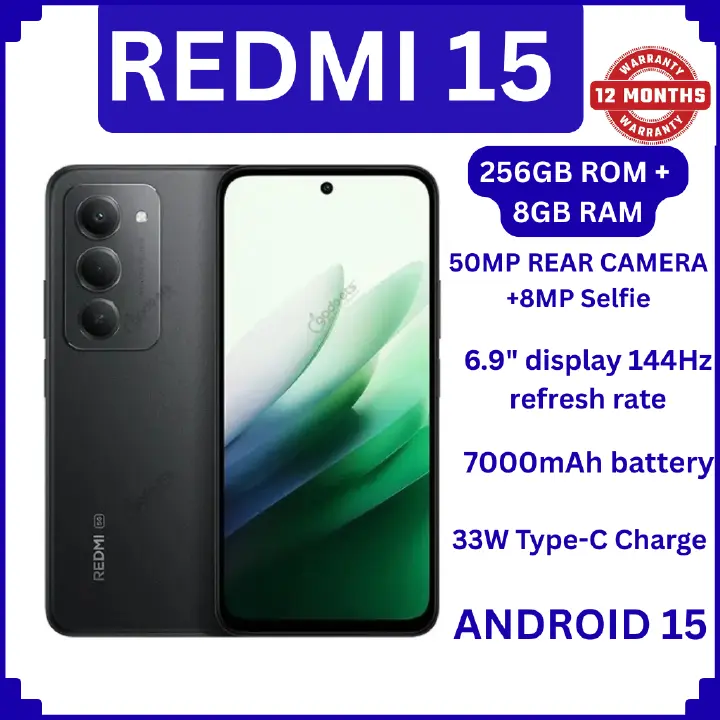 [NEW ARRIVAL] Redmi 15 4G 6.9" 256GB ROM +8GB RAM 7000mAh 33W charger ip64 50MP +8 MP Octa-core Qualcomm SM6225 Snapdragon 685 (6 nm)IPS LCD, 144Hz Android 15 Fingerprint(side-mounted)phone smartphone