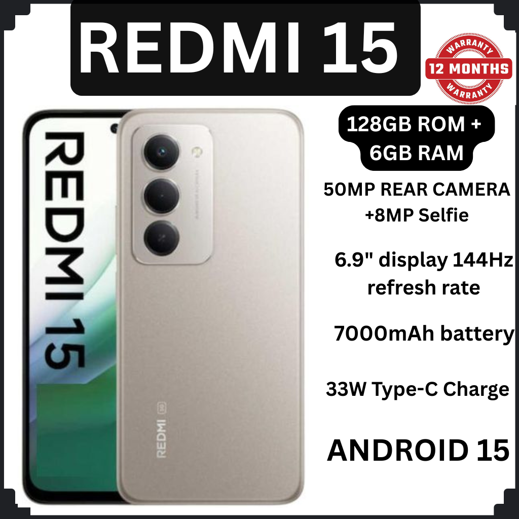 [NEW ARRIVAL] Redmi 15 4G 6.9" 128GB ROM +6GB RAM 7000mAh 33W charger ip64 50MP +8 MP Octa-core Qualcomm SM6225 Snapdragon 685 (6 nm)IPS LCD, 144Hz Android 15 Fingerprint phone smartphone +FREE GIFTS