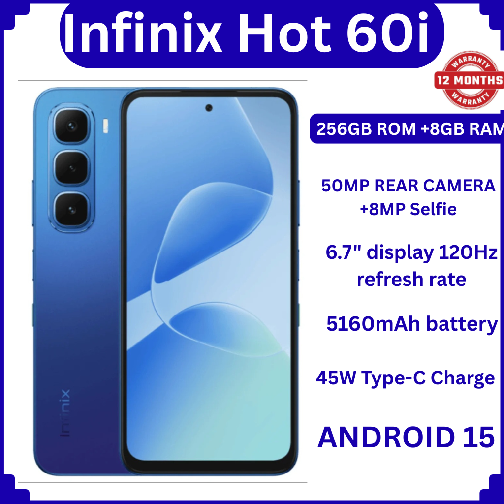 [BRAND NEW] Infinix Hot 60i 256GB+16(8+8)GB 6.7" 120Hz Screen 4G Phone Dual SIM 5160mAh Battery 45W Charging 50MP Camera Fingerprint Lock Android 15 G81 Smart AI smart Phones