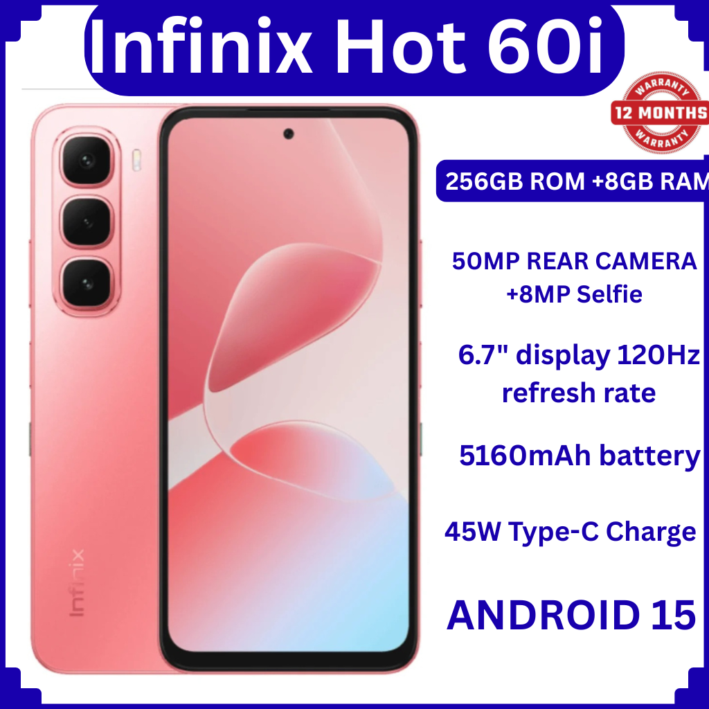 [BRAND NEW] Infinix Hot 60i 256GB+16(8+8)GB 6.7" 120Hz Screen 4G Phone Dual SIM 5160mAh Battery 45W Charging 50MP Camera Fingerprint Lock Android 15 G81 Smart AI smart Phones