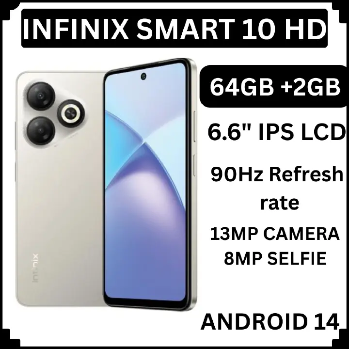 [Super Brand] Infinix Smart 10 HD 4(2+2)GB RAM + 64GB 6.6" 90Hz Display Slim 4G Phone Dual SIM 5000mAh Battery 10W Charging 13MP Camera Fingerprint Lock Android 14 Smart AI Phones