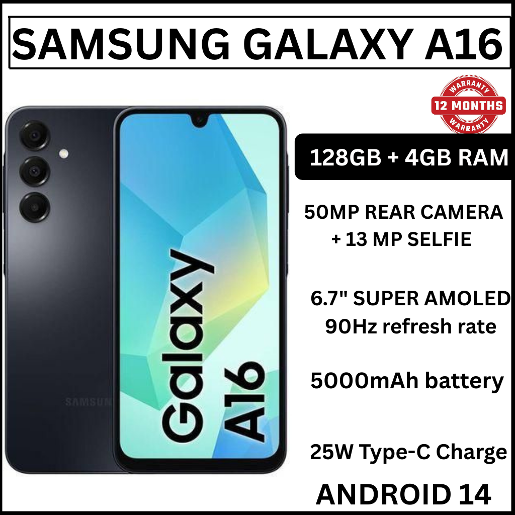 Samsung Galaxy A16 128GB+4GB 6.7" Super AMOLED Display 50MP Triple Camera Android 14 Mediatek Helio G99 5000mAh 25W Type-C Charge + FREE ADAPTOR(CHARGER) Smart Phones phone
