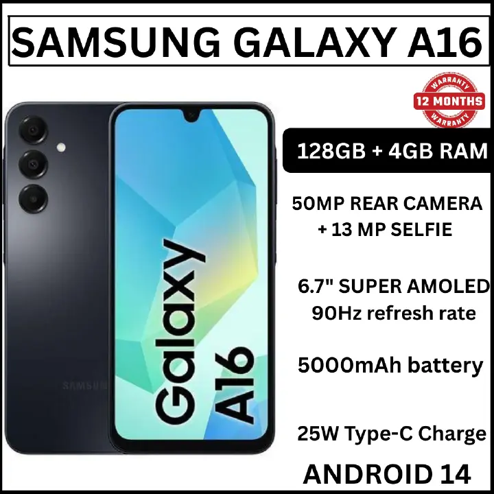 Samsung Galaxy A16 128GB+4GB 6.7" Super AMOLED Display 50MP Triple Camera Android 14 Mediatek Helio G99 5000mAh 25W Type-C Charge + FREE ADAPTOR(CHARGER) Smart Phones phone