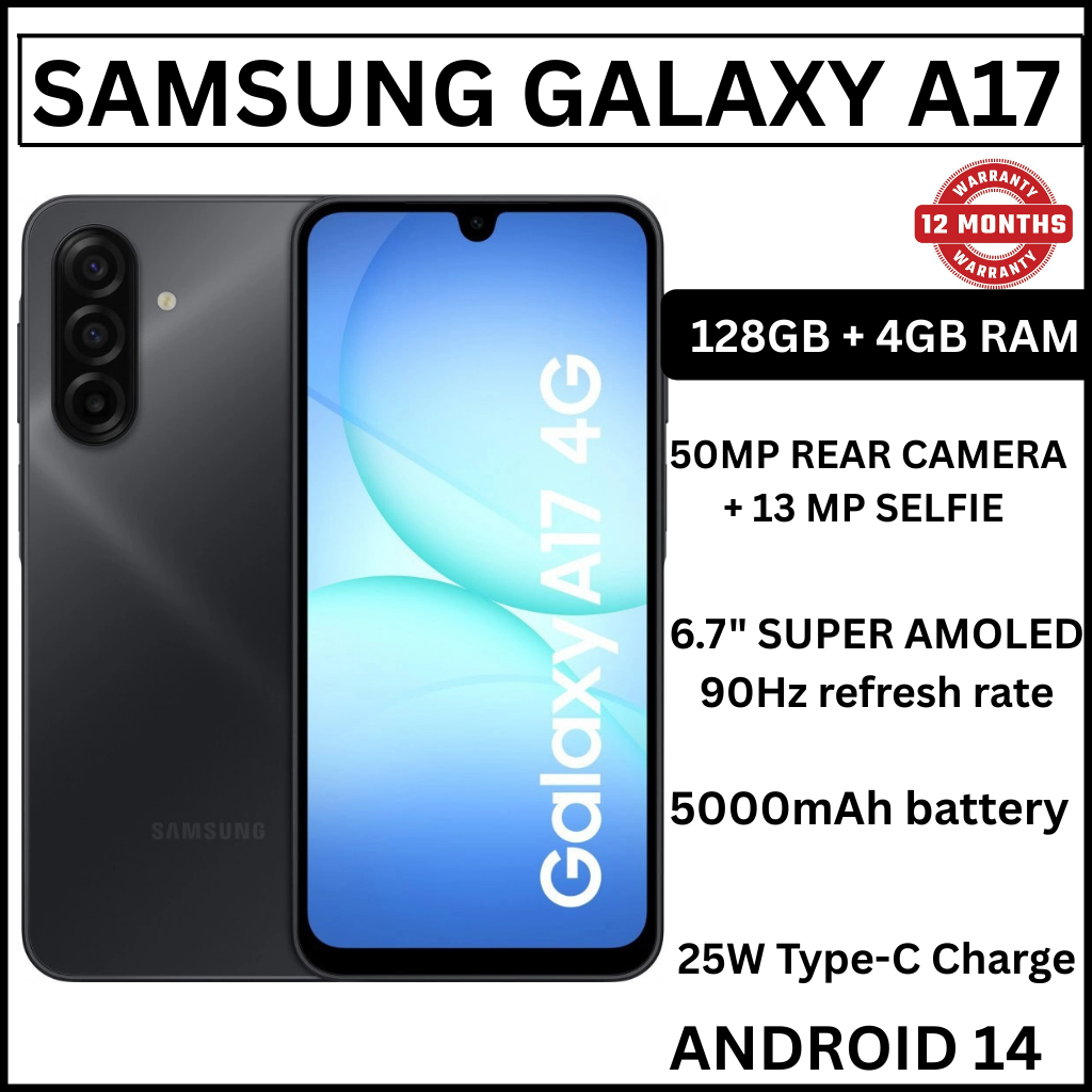 [ NEW ARRIVAL] Samsung Galaxy A17 4G 6.7'' 128 GB ROM + 4 GB RAM 5000 mAh 50 MP+ 13 MP camera Android 15 Exynos 1330 (5 nm) Octa-core Super AMOLED Fingerprint (side-mounted) smartphones