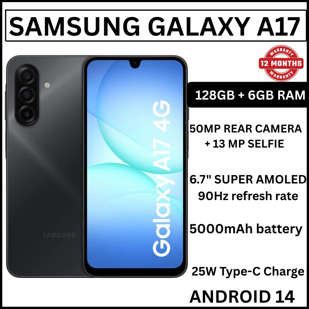 [ NEW ARRIVAL] Samsung Galaxy A17 4G 6.7'' 128 GB ROM + 6 GB RAM 5000 mAh 50 MP+ 13 MP camera Android 15 Exynos 1330 (5 nm) Octa-core Super AMOLED Fingerprint (side-mounted) smartphones