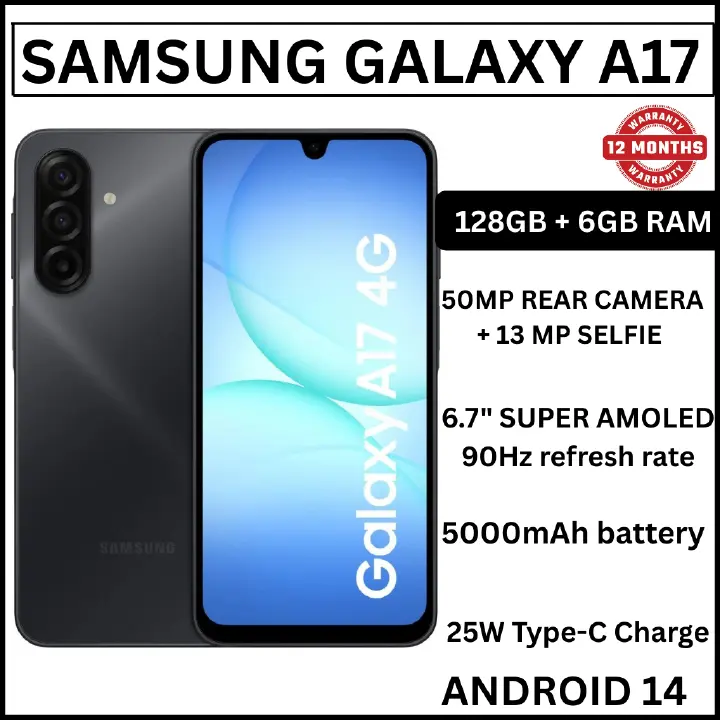 [ NEW ARRIVAL] Samsung Galaxy A17 4G 6.7'' 128 GB ROM + 6 GB RAM 5000 mAh 50 MP+ 13 MP camera Android 15 Exynos 1330 (5 nm) Octa-core Super AMOLED Fingerprint (side-mounted) smartphones