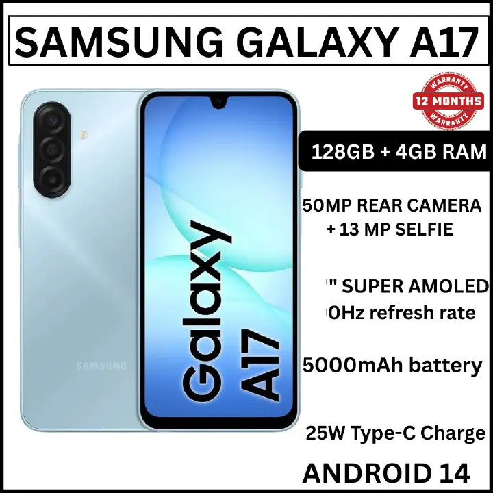 [ NEW ARRIVAL] Samsung Galaxy A17 4G 6.7'' 128 GB ROM + 4 GB RAM 5000 mAh 50 MP+ 13 MP camera Android 15 Exynos 1330 (5 nm) Octa-core Super AMOLED Fingerprint (side-mounted) smartphones