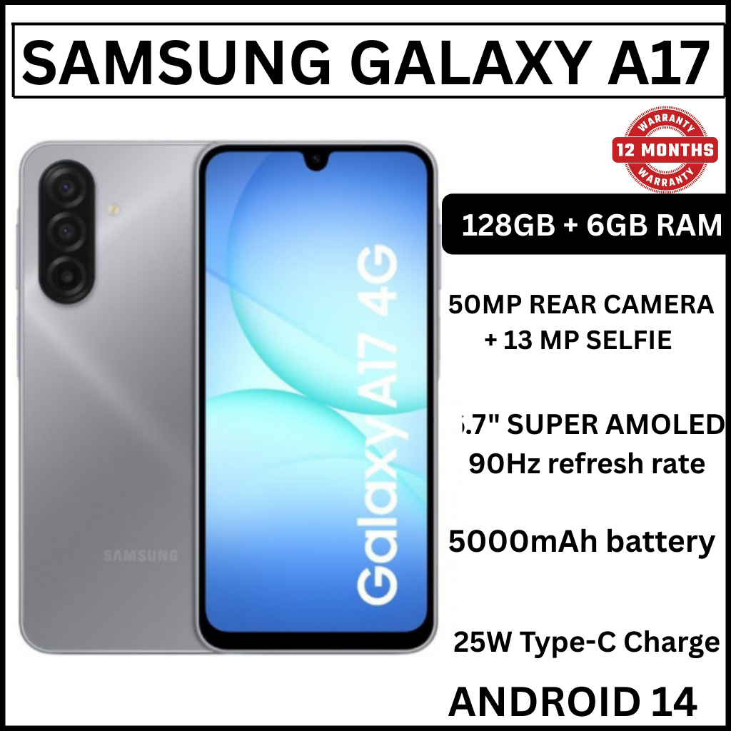 [ NEW ARRIVAL] Samsung Galaxy A17 4G 6.7'' 128 GB ROM + 6 GB RAM 5000 mAh 50 MP+ 13 MP camera Android 15 Exynos 1330 (5 nm) Octa-core Super AMOLED Fingerprint (side-mounted) smartphones