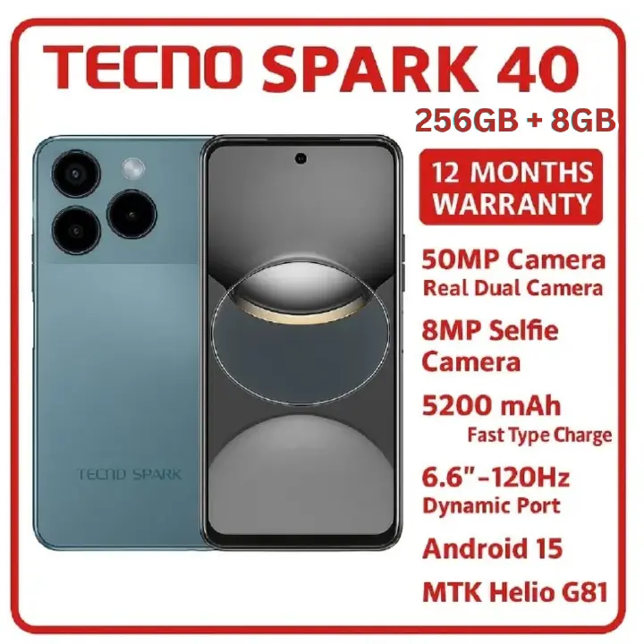 Tecno Spark 40 256GB + 8GB RAM 6.67'' Hole Screen Camera 50MP Main Camera 8MP Front Camera 45W Super Charging 5200mAh BatterySide Fingerprint Free call without signal smartphone free cover