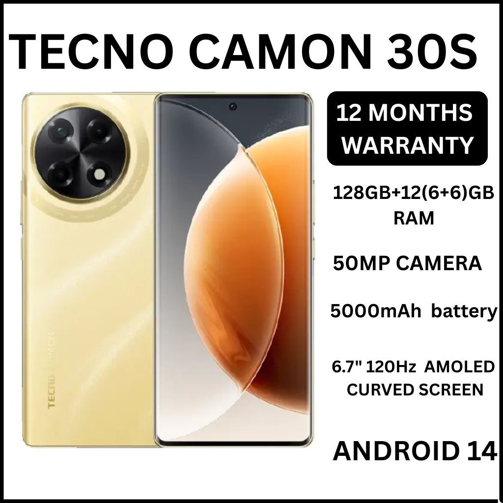 [Super Brand] Tecno Camon 30S 128GB+12(6+6)GB RAM 6.7" 3D-Curved AMOLED 120Hz Screen Dual Sim Phone MTK Helio G100 33W 5000mAh 50MP Dual Speaker Android 14 Smart Phones