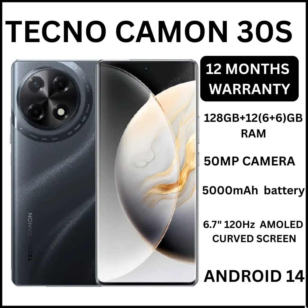 [Super Brand] Tecno Camon 30S 128GB+12(6+6)GB RAM 6.7" 3D-Curved AMOLED 120Hz Screen Dual Sim Phone MTK Helio G100 33W 5000mAh 50MP Dual Speaker Android 14 Smart Phones