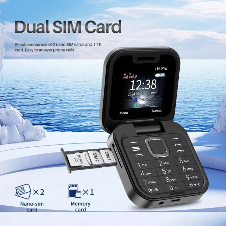 i16 MINI FLIP PHONE DUAL SIM CARD TWO - 2 SIM CARD SLOT BATTERY 500MAH FM RADIO 1.44 INCH SCREEN DISPLAY FOLDABLE PHONE NEW ARRIVAL ON OFFER KABAMBE KATULULU FEATTURED PHONE