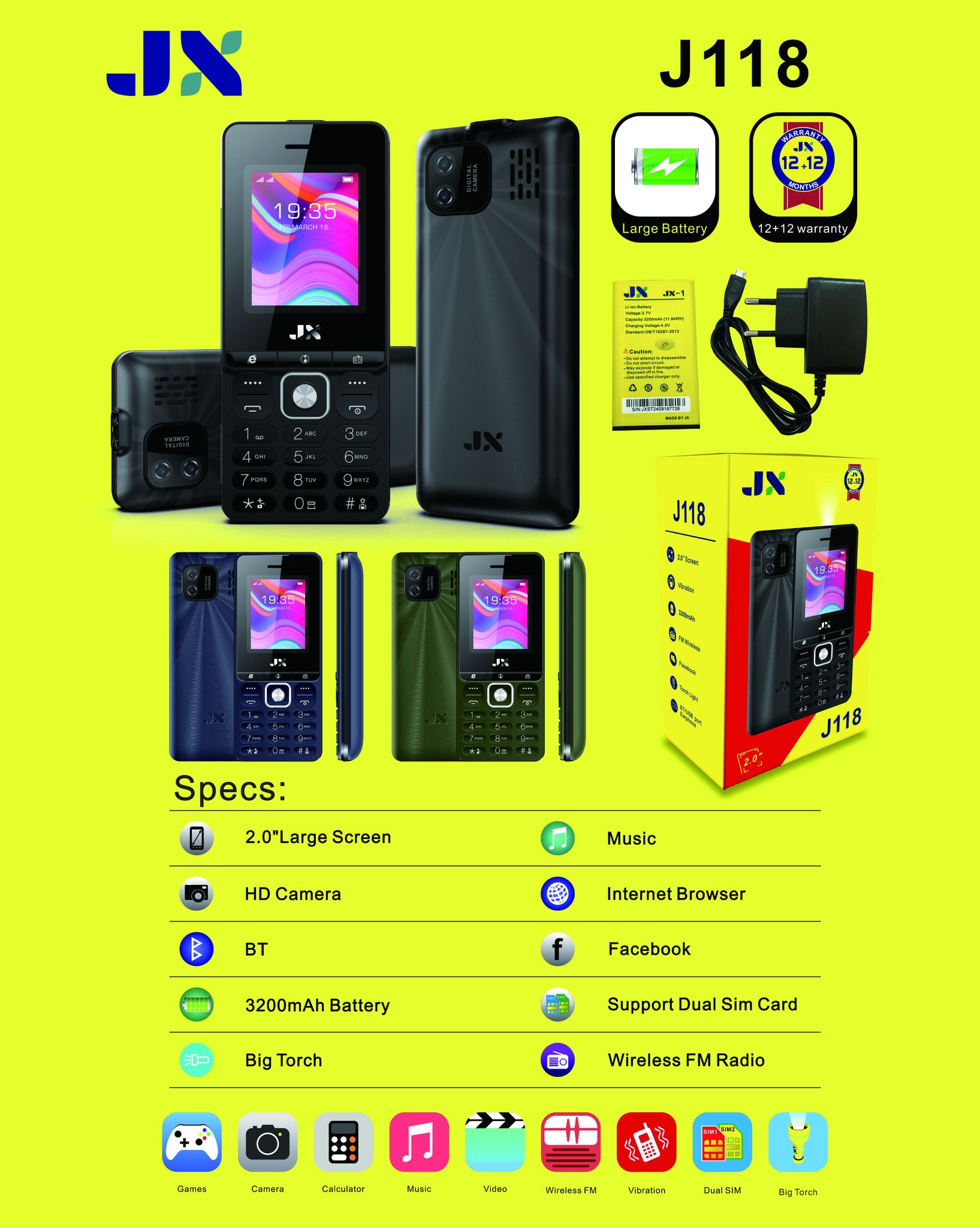 JX J118 2.0" LARGE SCREEN MOBILE PHONE WITH 3200mAh LARGE BATTERY BIG TORCH,FM WIRELESS ,HD CAMERA KABAMBE/KATULULU/MULIKA MWIZI/FEATURE PH