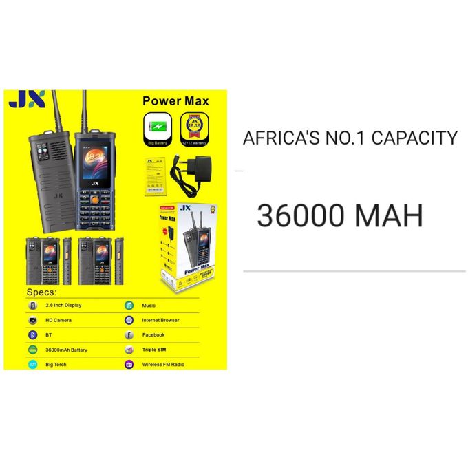 [NEW ARRIVAL!!]JX power max, TRIPLE SIM CARD PHONE 2.8" - 32MB+32MB (Dual SIM), Big Torch, 4D Music and powebank equipped Big Battery-36000mAh featured phone