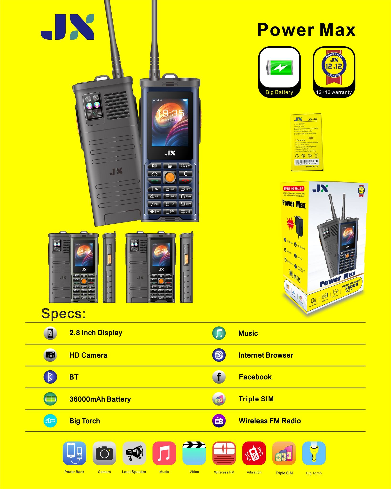 [NEW ARRIVAL!!]JX power max, TRIPLE SIM CARD PHONE 2.8" - 32MB+32MB (Dual SIM), Big Torch, 4D Music and powebank equipped Big Battery-36000mAh featured phone