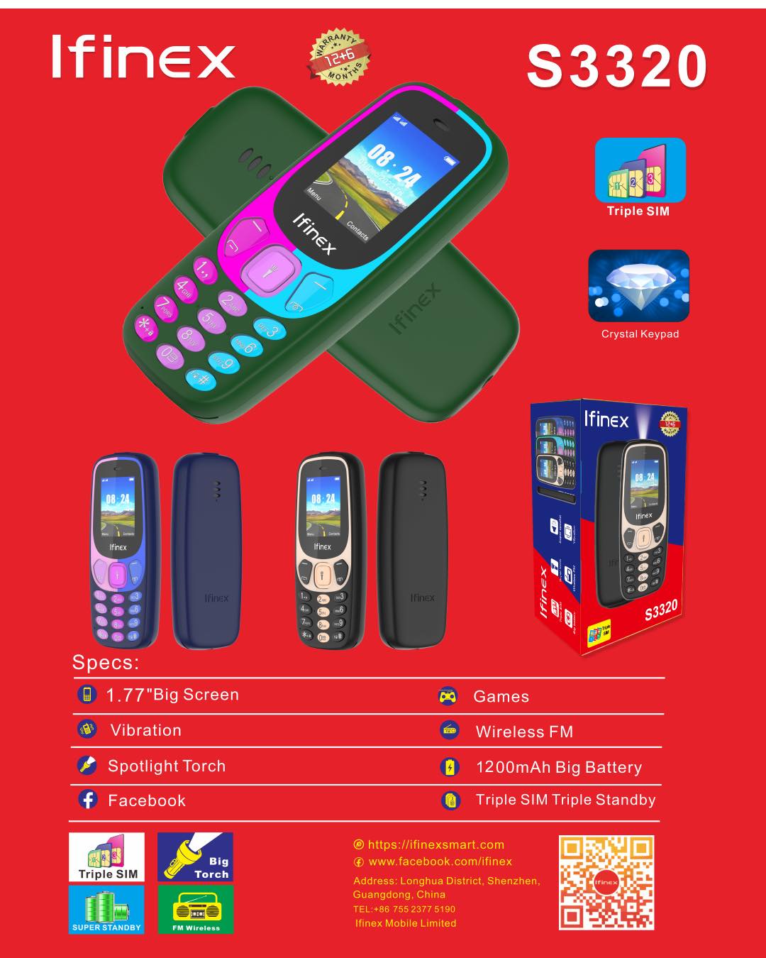 BRAND NEW IFINEX S3320 TRIPLE SIM CARD  PHONE 1.77 inch Display 1200mAh BATTERY WITH BLUETOOTH Vibrator/Wireless FM/ MP3/MP4/Big Torch/ Auto callrecording Cell Featured phone