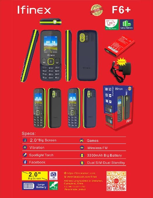 IFINEX F6+ DUAL SIM CARD KABAMBE/MULIKA MWIZI/BUTTON/FEATURE PHONE WITH FM WIRELESS BATTERY 3300MAH  BIG BATTERY TORCH LIGHT, 2.0" SCREEN DISPLAY FEATURED PHONE