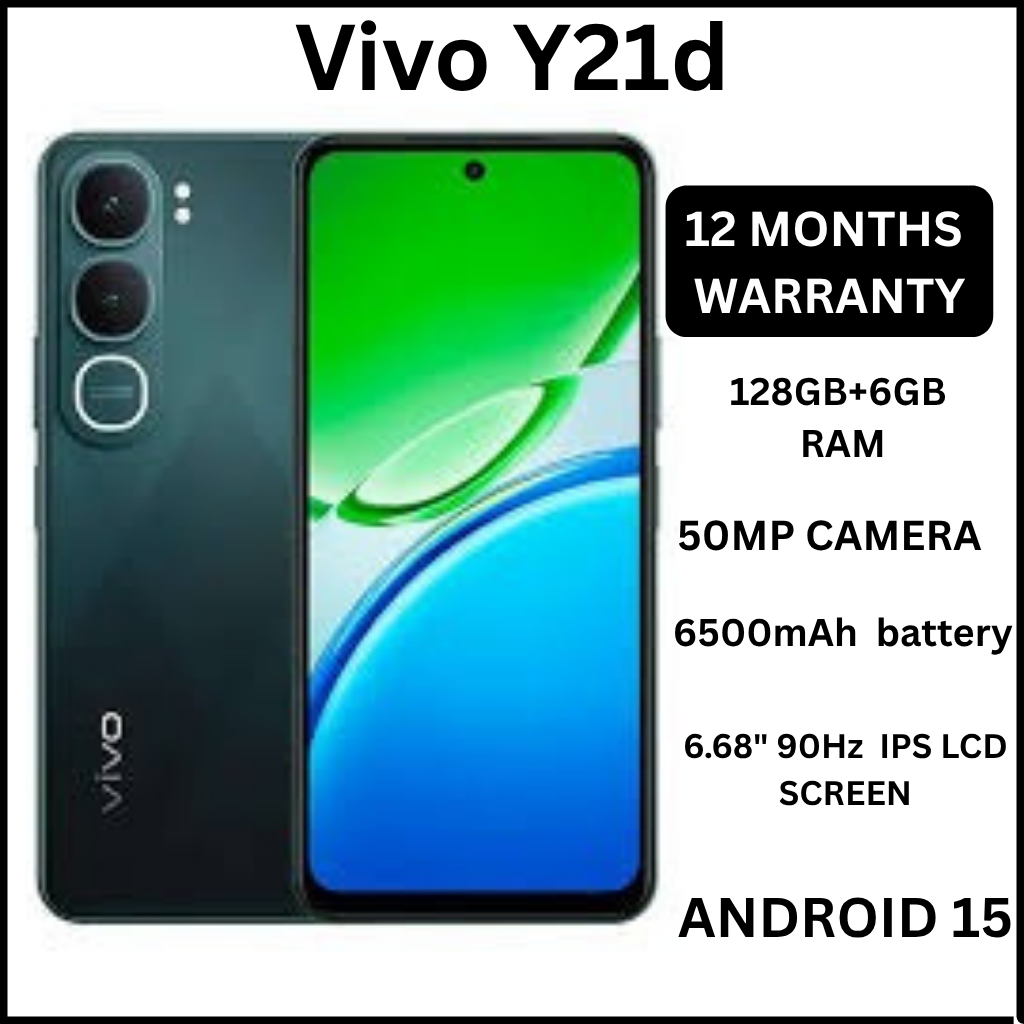 Vivo Y21d 6.68" screen size 6GB RAM + 128GB ROM 50MP MAIN CAMERA  6500mAh battery capacity 5-Year Health Battery, IP69+ Waterproof, 45W FlashCharge, 90Hz refresh rate ANDROID 15 PHONE SMARTPHONE