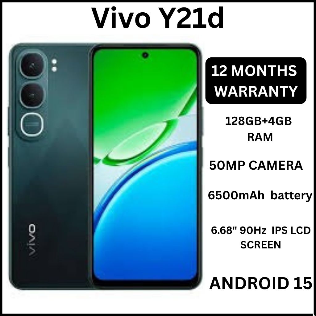 Vivo Y21d 6.68" screen display 4GB RAM + 128GB ROM 50MP MAIN CAMERA  6500mAh battery capacity 5-Year Health Battery, IP69+ Waterproof, 45W FlashCharge, 90Hz refresh rate ANDROID 15 PHONE SMARTPHONE