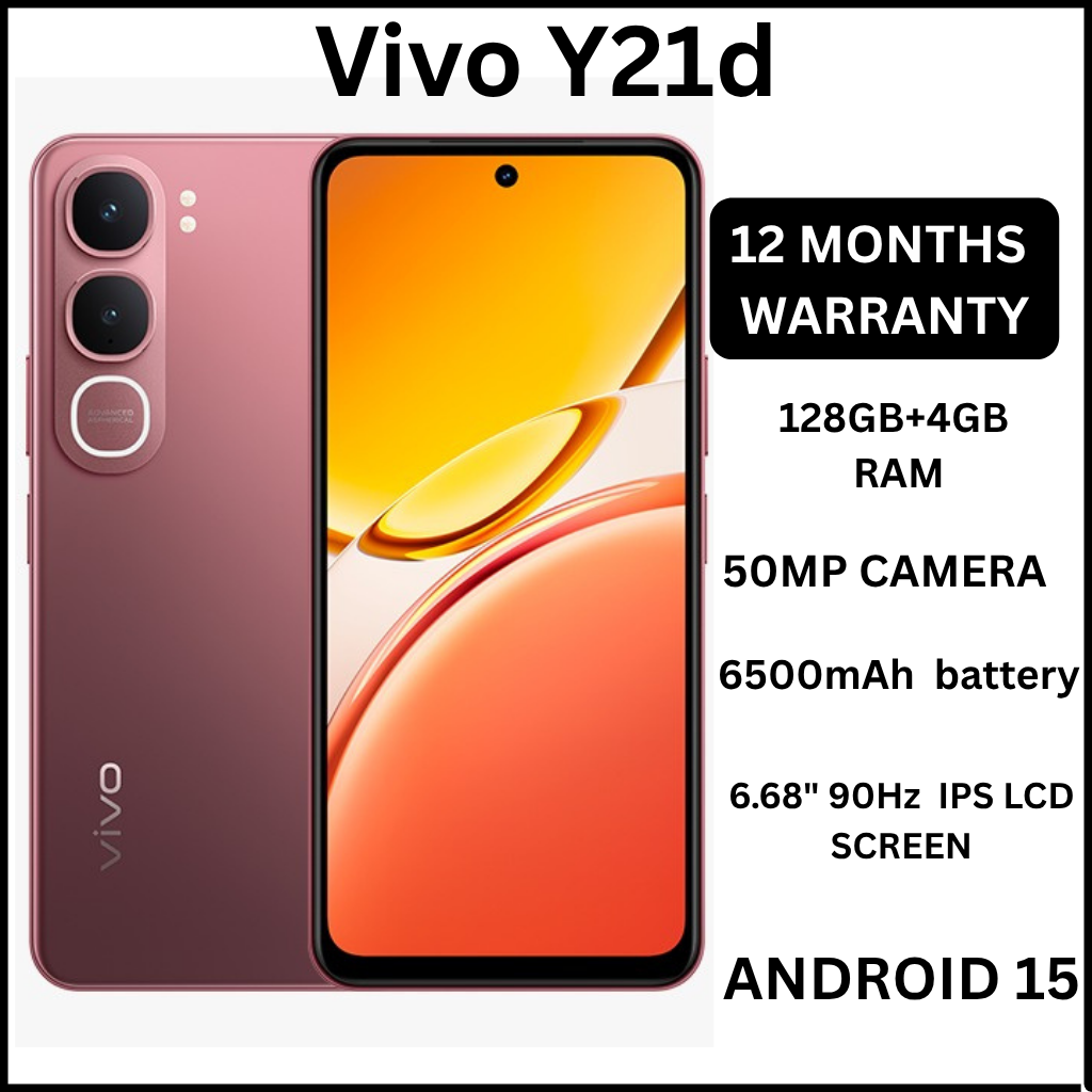 Vivo Y21d 6.68" screen display 4GB RAM + 128GB ROM 50MP MAIN CAMERA  6500mAh battery capacity 5-Year Health Battery, IP69+ Waterproof, 45W FlashCharge, 90Hz refresh rate ANDROID 15 PHONE SMARTPHONE