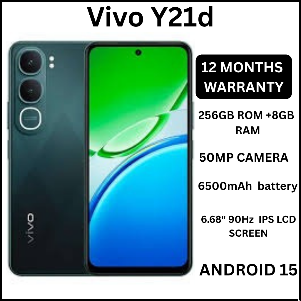 Vivo Y21d 6.68" screen display 8GB RAM + 256GB ROM 50MP MAIN CAMERA  6500mAh battery capacity 5-Year Health Battery, IP69+ Waterproof, 45W FlashCharge, 90Hz refresh rate ANDROID 15 PHONE SMARTPHONE