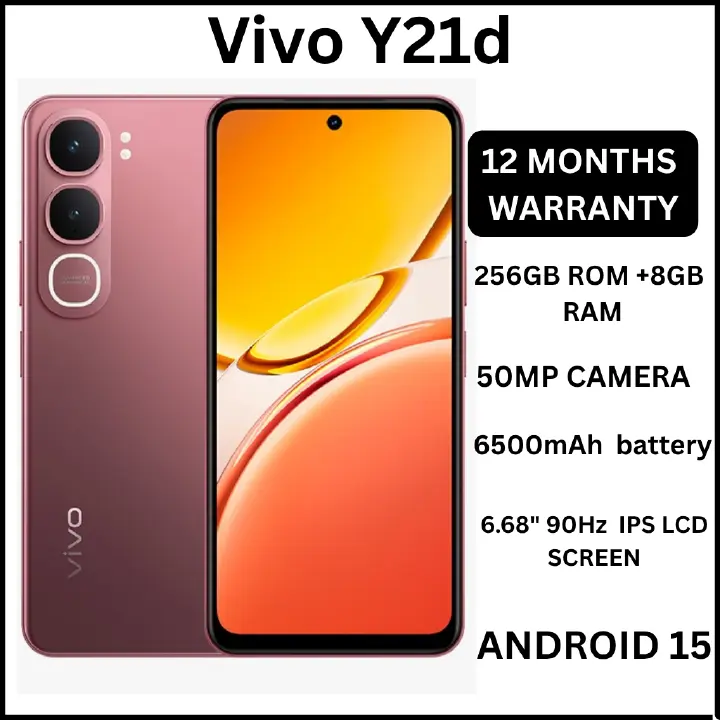 Vivo Y21d 6.68" screen display 8GB RAM + 256GB ROM 50MP MAIN CAMERA  6500mAh battery capacity 5-Year Health Battery, IP69+ Waterproof, 45W FlashCharge, 90Hz refresh rate ANDROID 15 PHONE SMARTPHONE