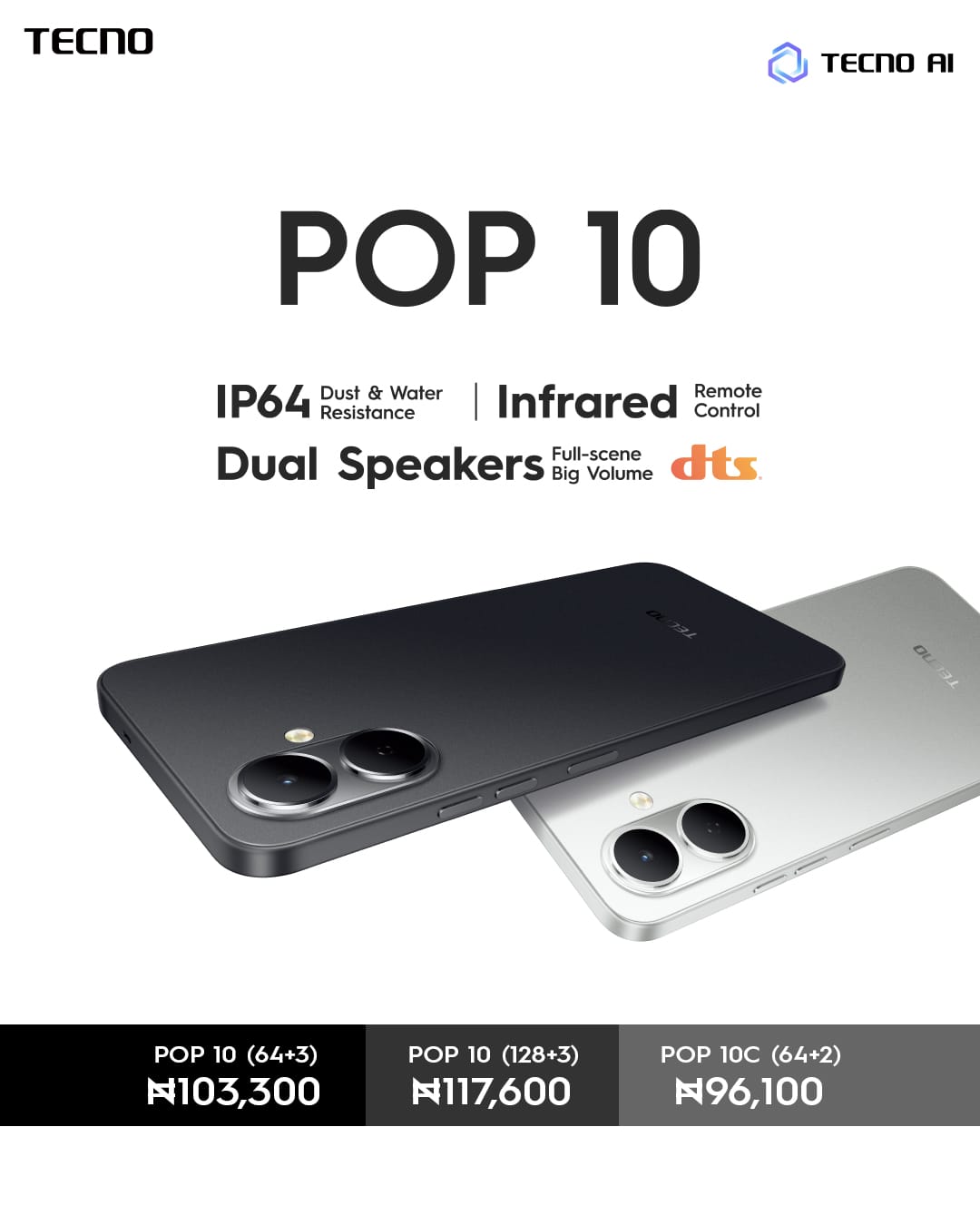 [NEW ARRIVAL]Tecno POP 10 6.6" 64GB Storage + 6GB(3+3Gb)RAM 120Hz Hole Screen Dual Speakers IP54 Waterproof  - Android 15 13MP Camera Dual sim 5000mAh- Smartphones