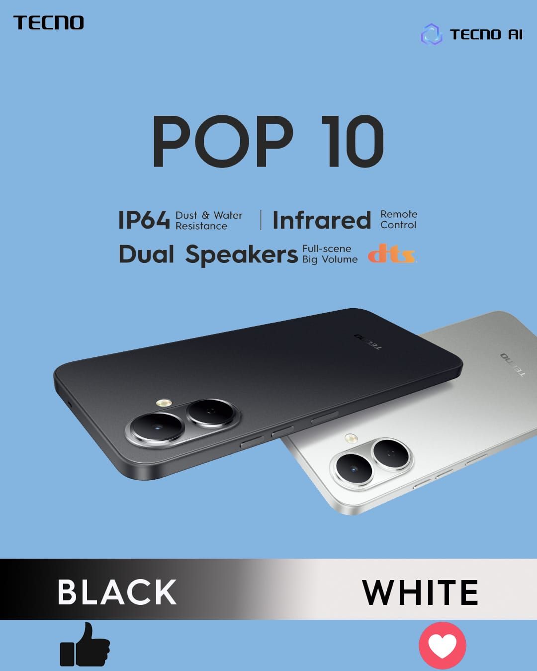 [NEW ARRIVAL]Tecno POP 10 6.6" 64GB Storage + 6GB(3+3Gb)RAM 120Hz Hole Screen Dual Speakers IP54 Waterproof  - Android 15 13MP Camera Dual sim 5000mAh- Smartphones