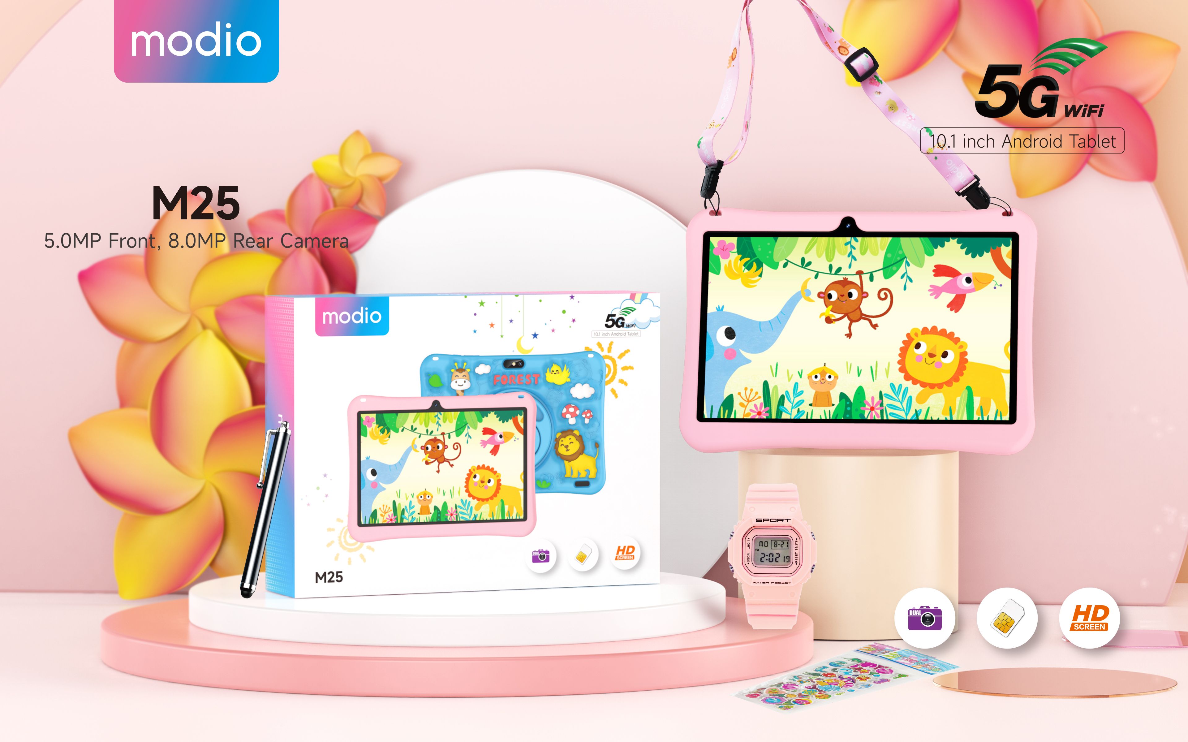 Modio M25 6GB RAM 256GB ROM Kids' Android Tablet 10.1 Inches, 10000mAh battery capacity Dual Camera, supports multiple languages ,8.0mp camera Sim Card Support + Wi-Fi + Free Gift Set