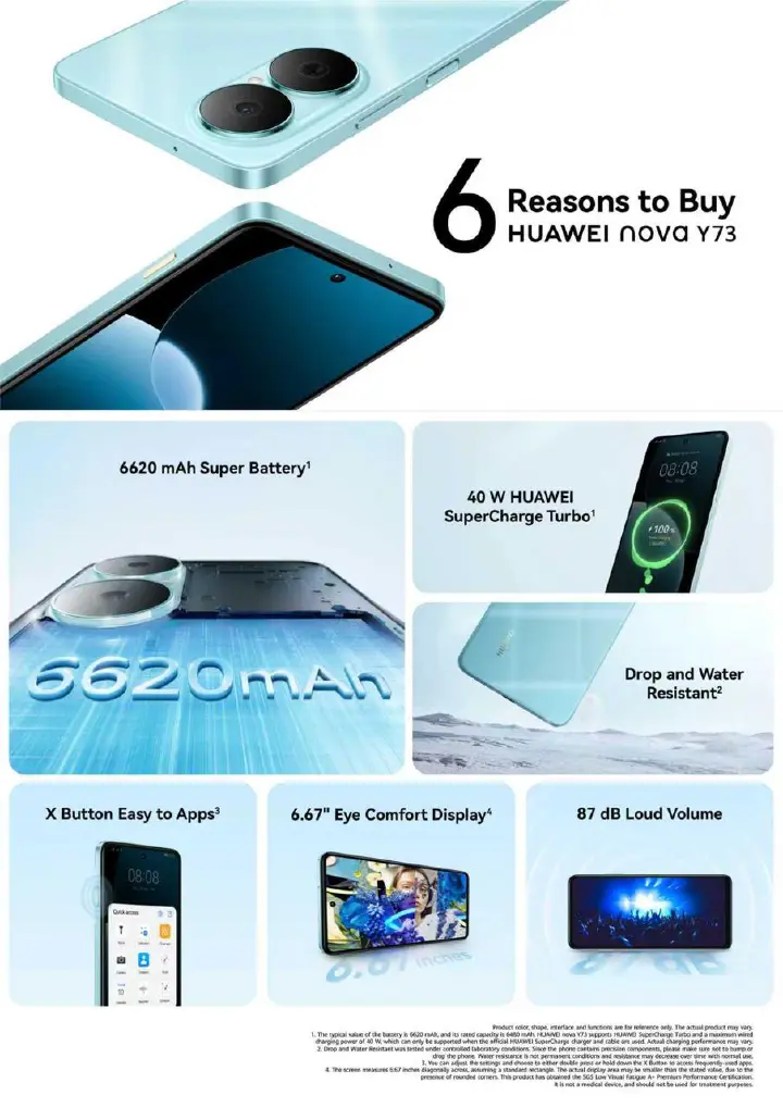 HUAWEI NOVA Y73, 8GB RAM + 256GB ROM, WATER AND DUST RESISTANT, TURBO CHARGING, 6.67 DISPLAY, 6620mAh BATTERY CAPACITY 50mp panorama hdr +8mp wide, SIDE FINGERPRINT ANDROID 12 PHONESMARTPHONE