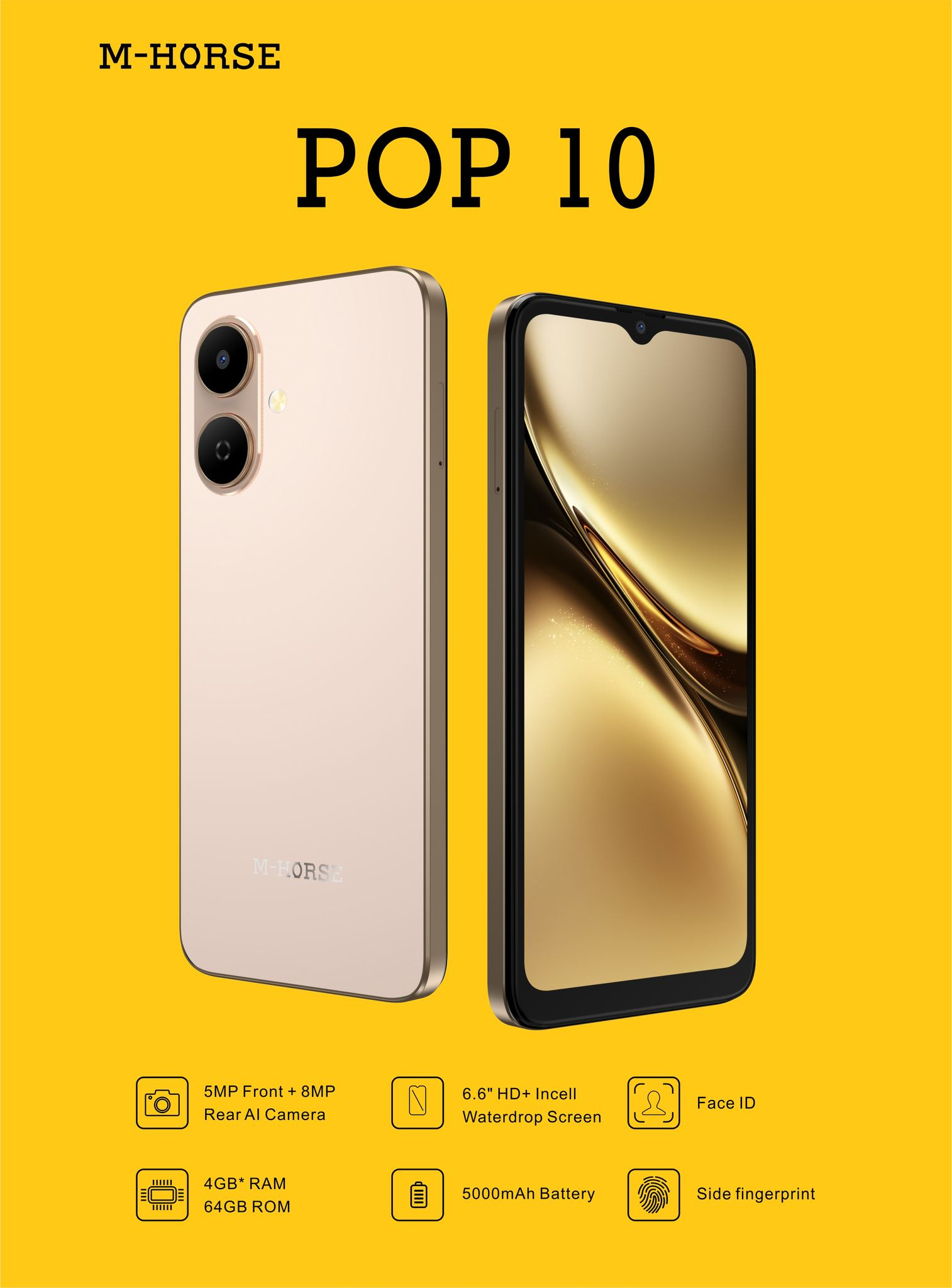 M-HORSE POP 10 64GB ROM + 4GB RAM 4G Network 6.6"  Dual Speakers IP64 Waterproof 8MP MAIN CAMERA 5MP SELFIE 5000mAh BATTERY CAPACITY Type-C Android 14 Dual SIM Phone Side Fingerprint Unlock phones