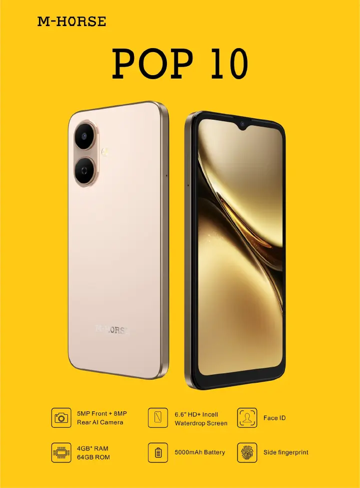 M-HORSE POP 10 64GB ROM + 4GB RAM 4G Network 6.6"  Dual Speakers IP64 Waterproof 8MP MAIN CAMERA 5MP SELFIE 5000mAh BATTERY CAPACITY Type-C Android 14 Dual SIM Phone Side Fingerprint Unlock phones