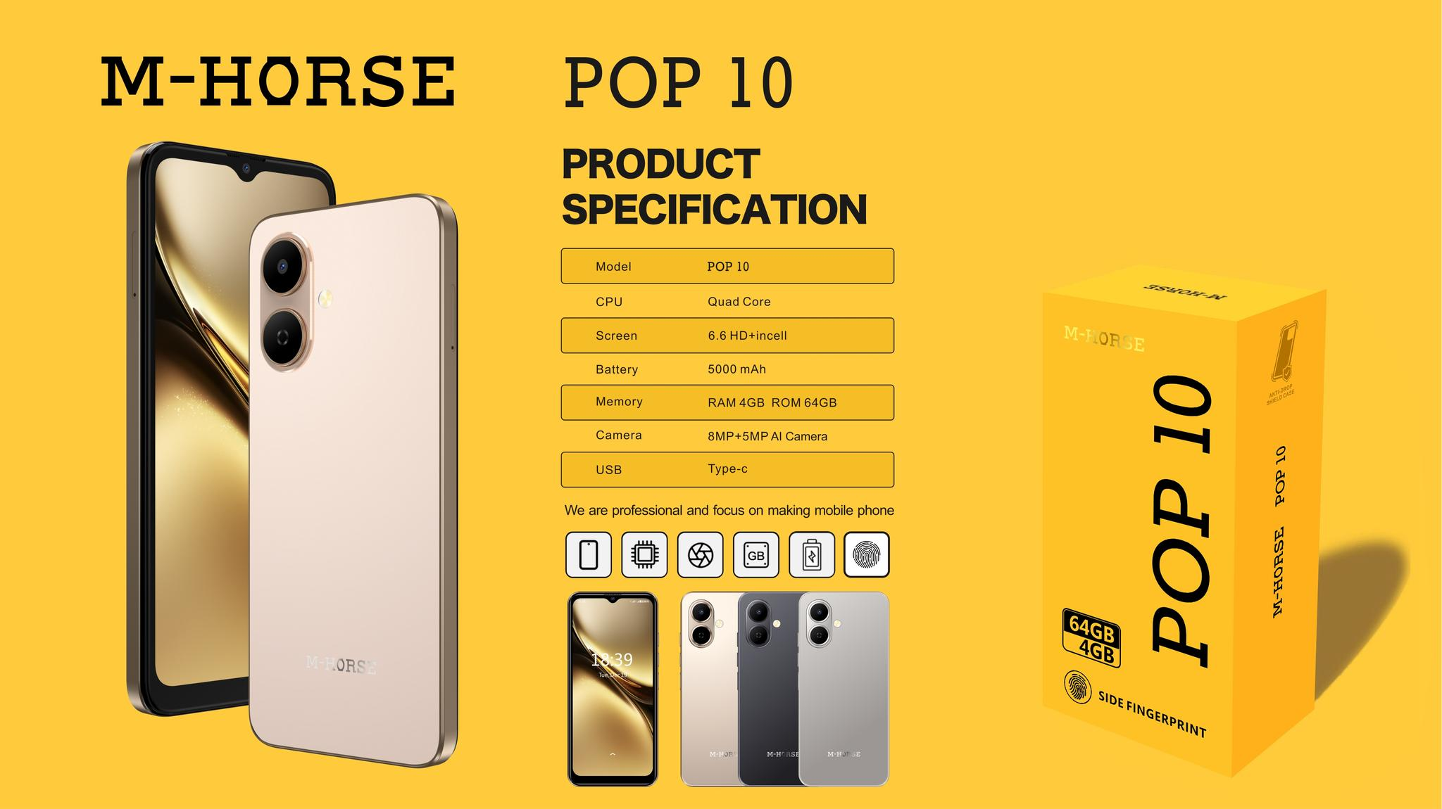 M-HORSE POP 10 64GB ROM + 4GB RAM 4G Network 6.6"  Dual Speakers IP64 Waterproof 8MP MAIN CAMERA 5MP SELFIE 5000mAh BATTERY CAPACITY Type-C Android 14 Dual SIM Phone Side Fingerprint Unlock phones
