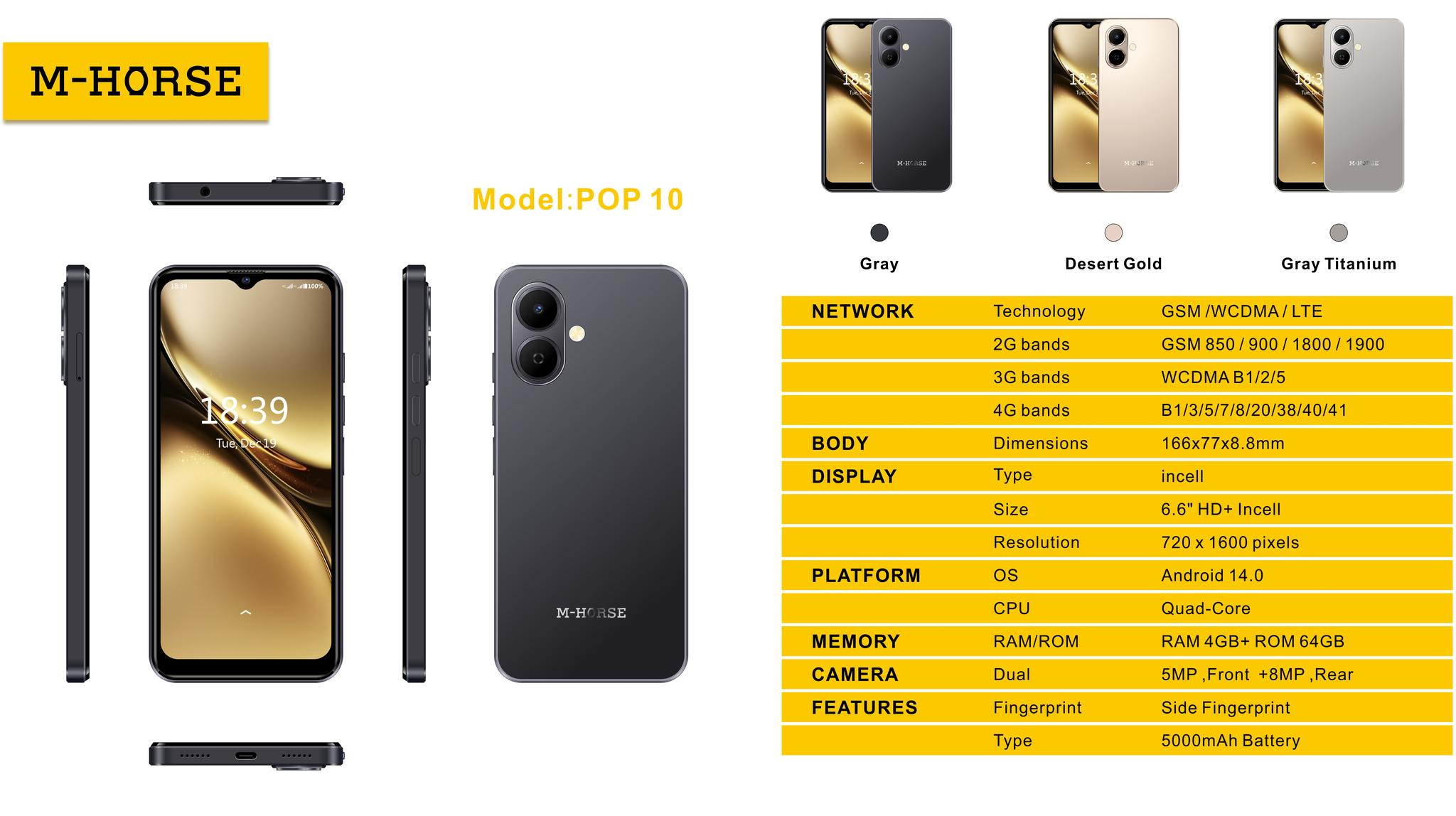 M-HORSE POP 10 64GB ROM + 4GB RAM 4G Network 6.6"  Dual Speakers IP64 Waterproof 8MP MAIN CAMERA 5MP SELFIE 5000mAh BATTERY CAPACITY Type-C Android 14 Dual SIM Phone Side Fingerprint Unlock phones