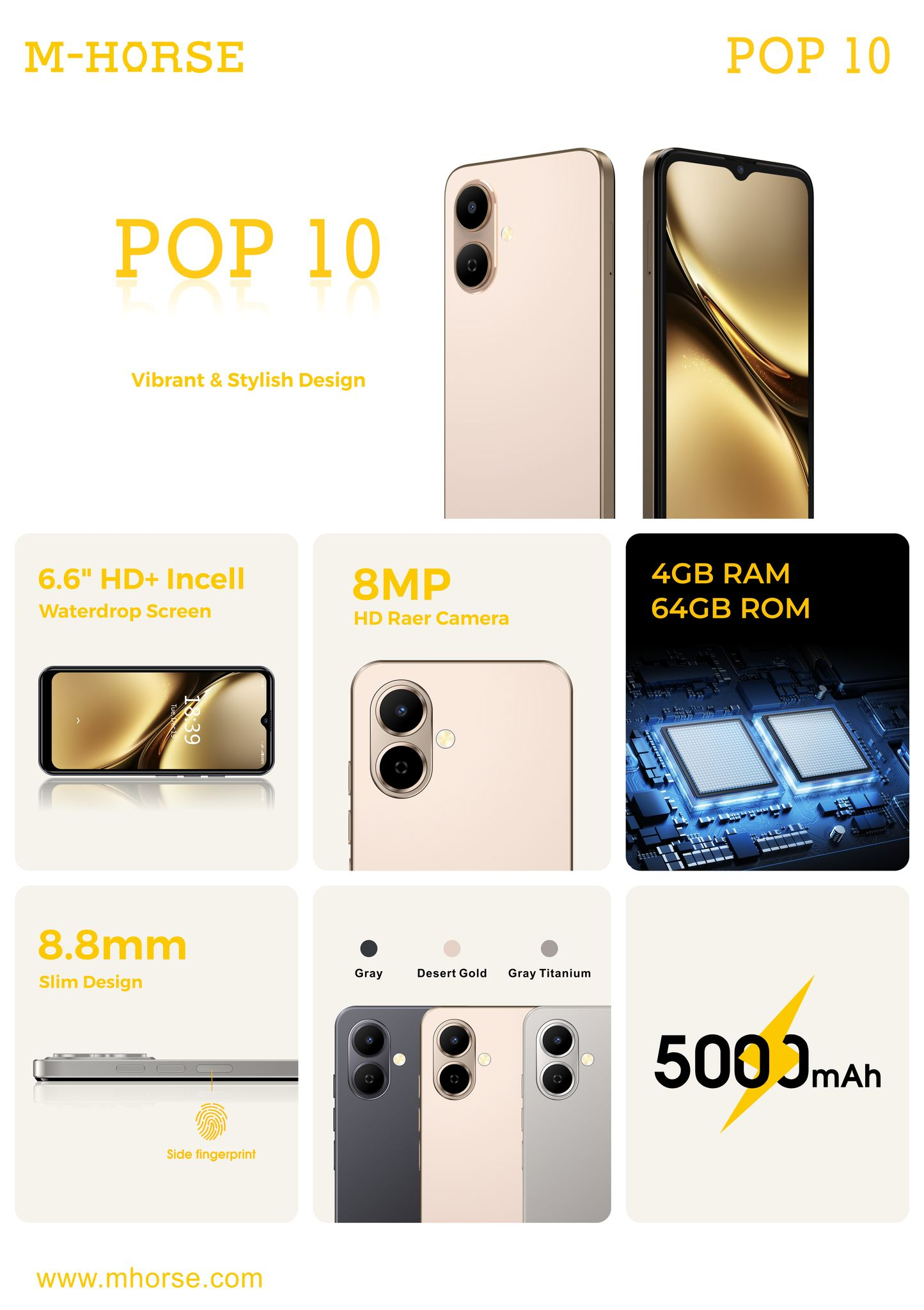 M-HORSE POP 10 64GB ROM + 4GB RAM 4G Network 6.6"  Dual Speakers IP64 Waterproof 8MP MAIN CAMERA 5MP SELFIE 5000mAh BATTERY CAPACITY Type-C Android 14 Dual SIM Phone Side Fingerprint Unlock phones